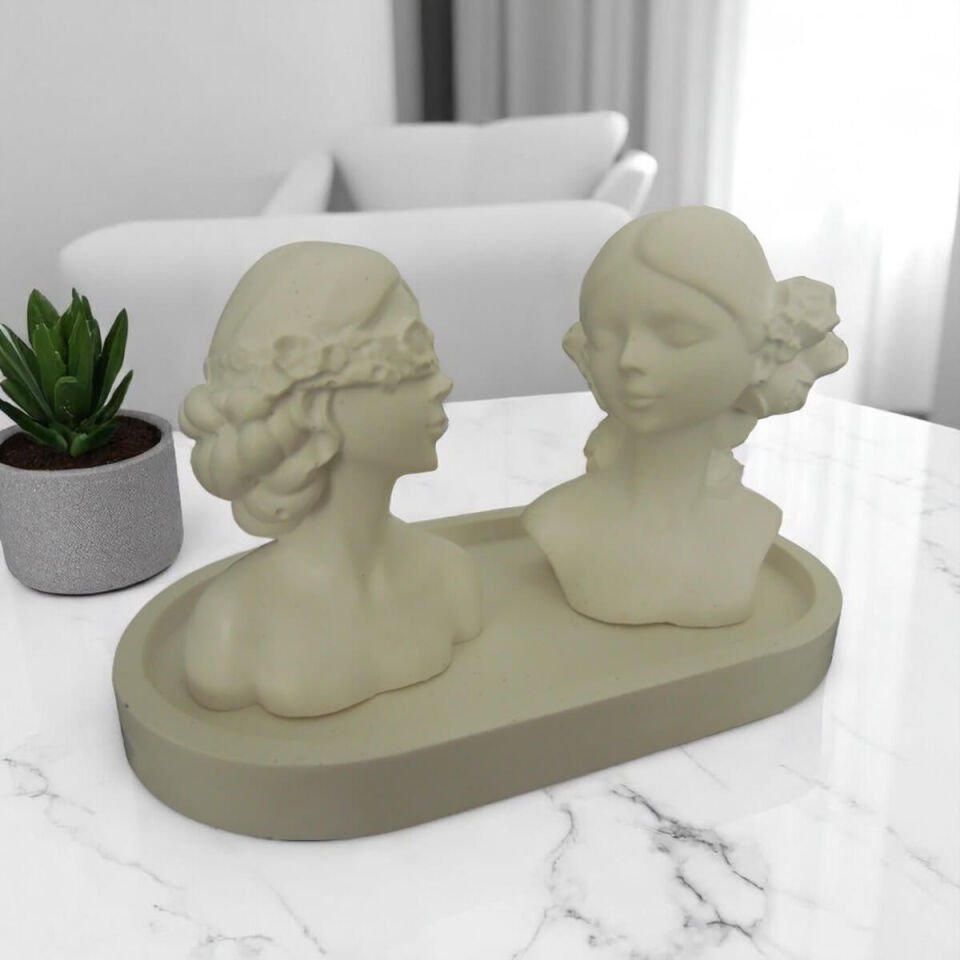 3'lü Dekoratif Set .İkili kız modeli obje ve tepsi standı